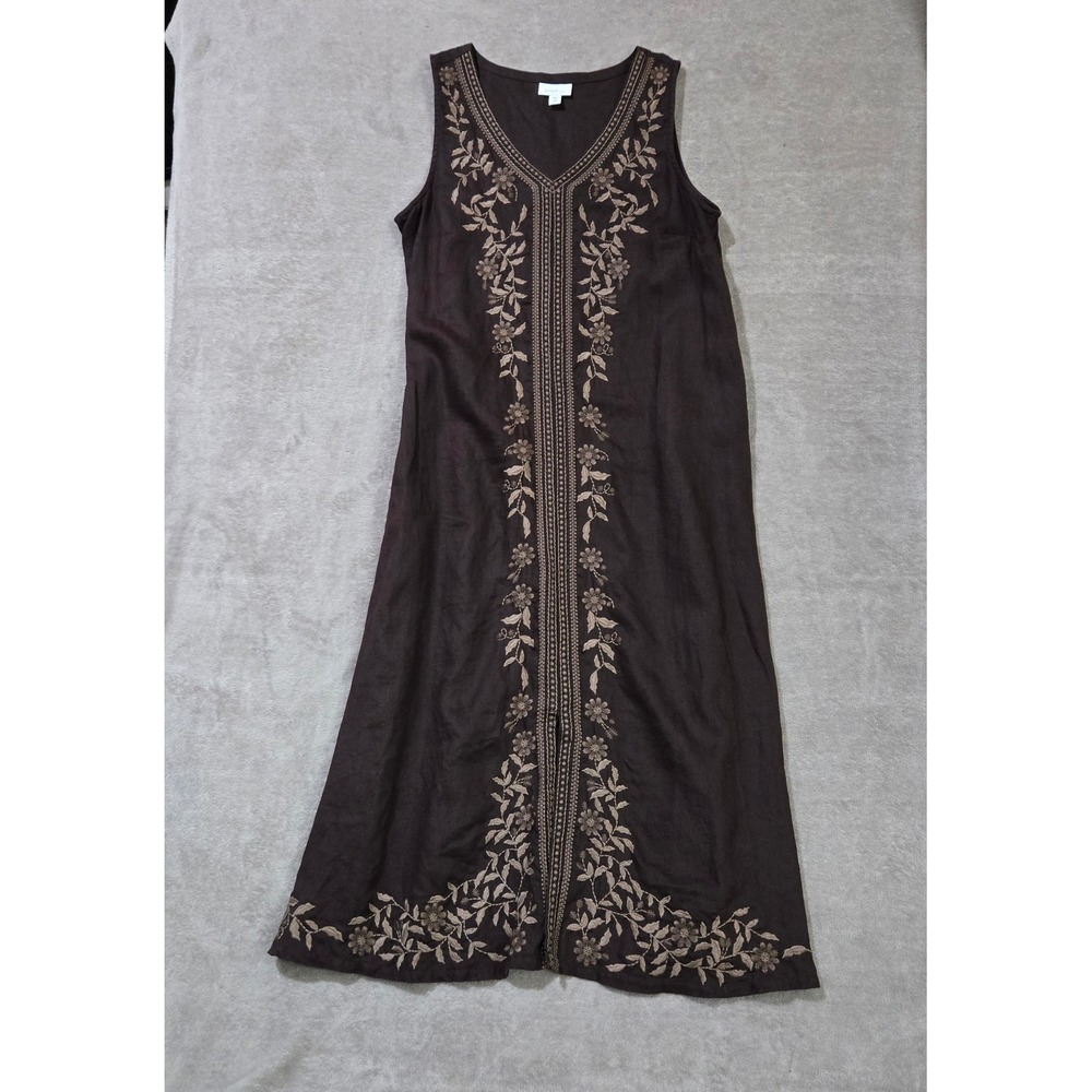 Pure Jill Linen Maxi Dress Women Medium Chocolate Brown Embroidered Lagenlook